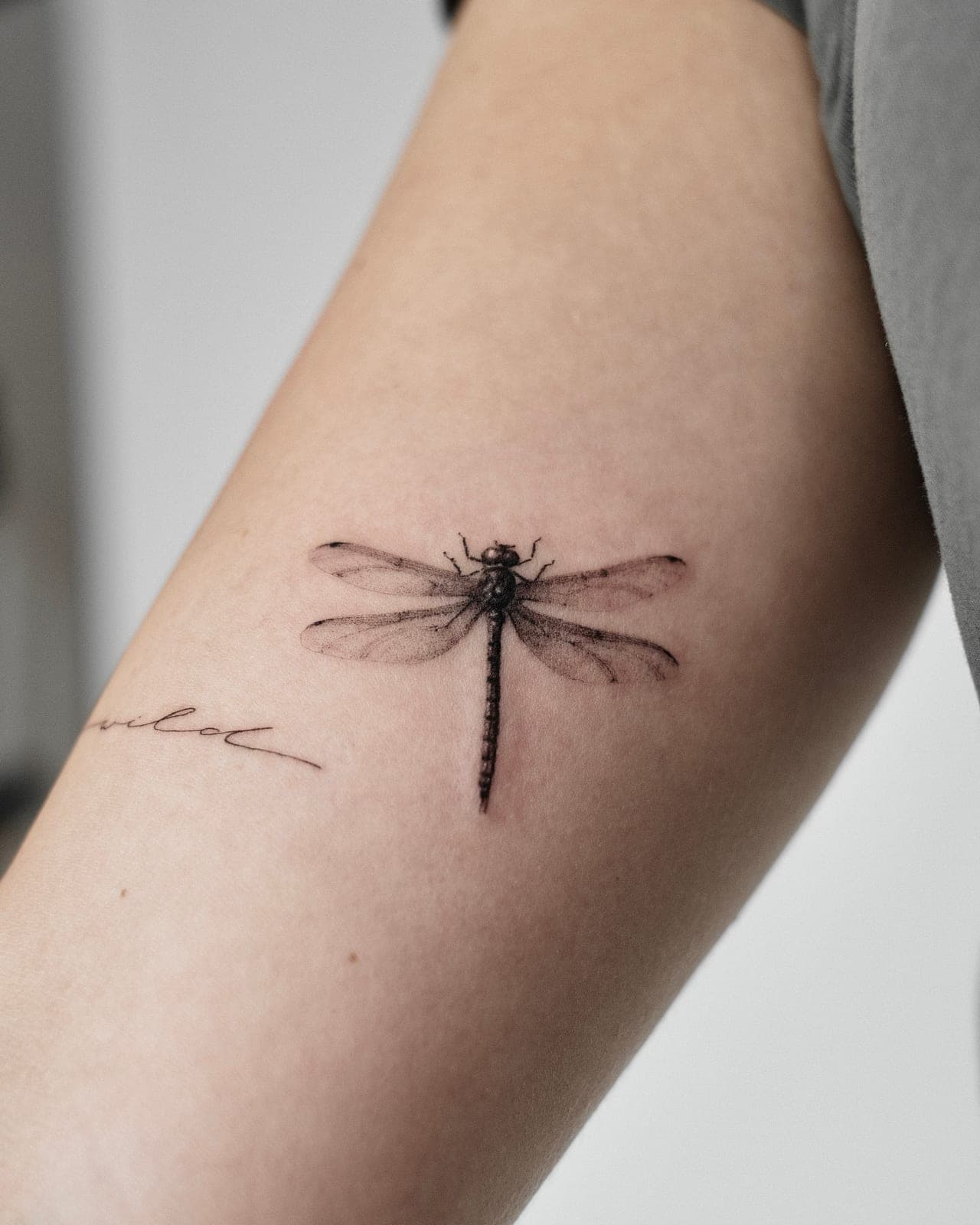 Fineline Tattoo frisch gestochen – Libelle – SIJA.INK Zürich